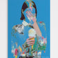 Artistic depiction of a person holding an ice cream cone with a colorful abstract overlay on a blue background.