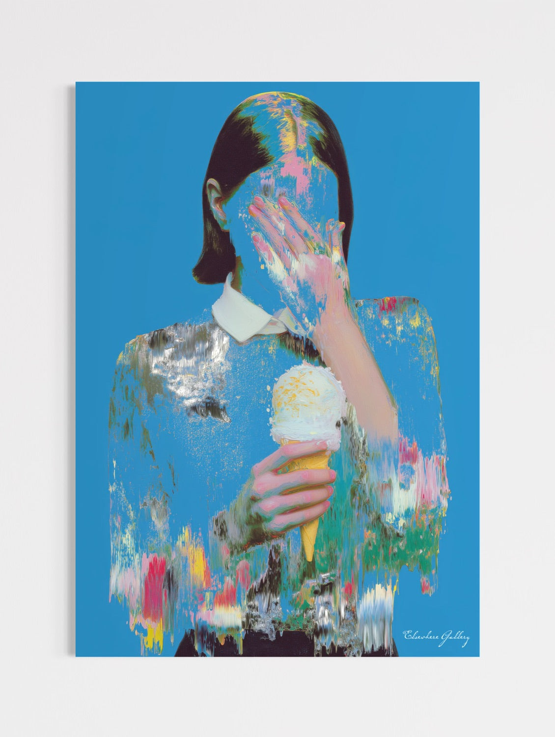 Artistic depiction of a person holding an ice cream cone with a colorful abstract overlay on a blue background.