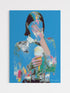 Artistic depiction of a person holding an ice cream cone with a colorful abstract overlay on a blue background.