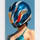 Person wearing a colorful motorcycle helmet against a clear blue sky