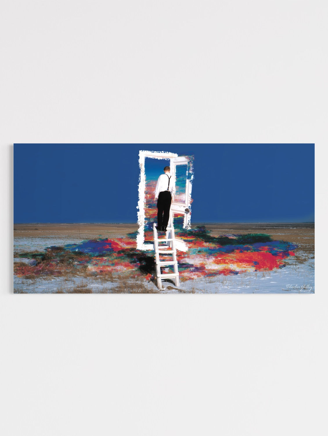 Man on a ladder painting a colorful landscape with an open door in the background