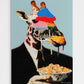 Surreal artwork of a giraffe in a suit holding a bowl with a colorful face.