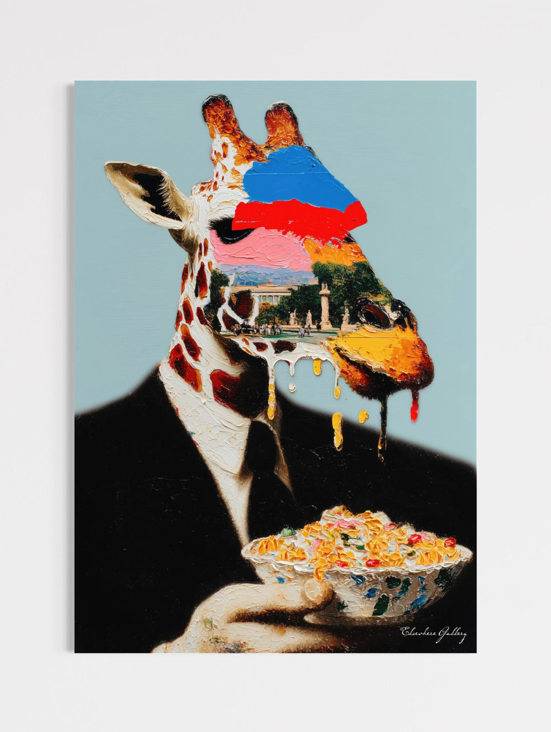 Surreal artwork of a giraffe in a suit holding a bowl with a colorful face.
