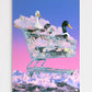  ducks in a shopping cart with a colorful background