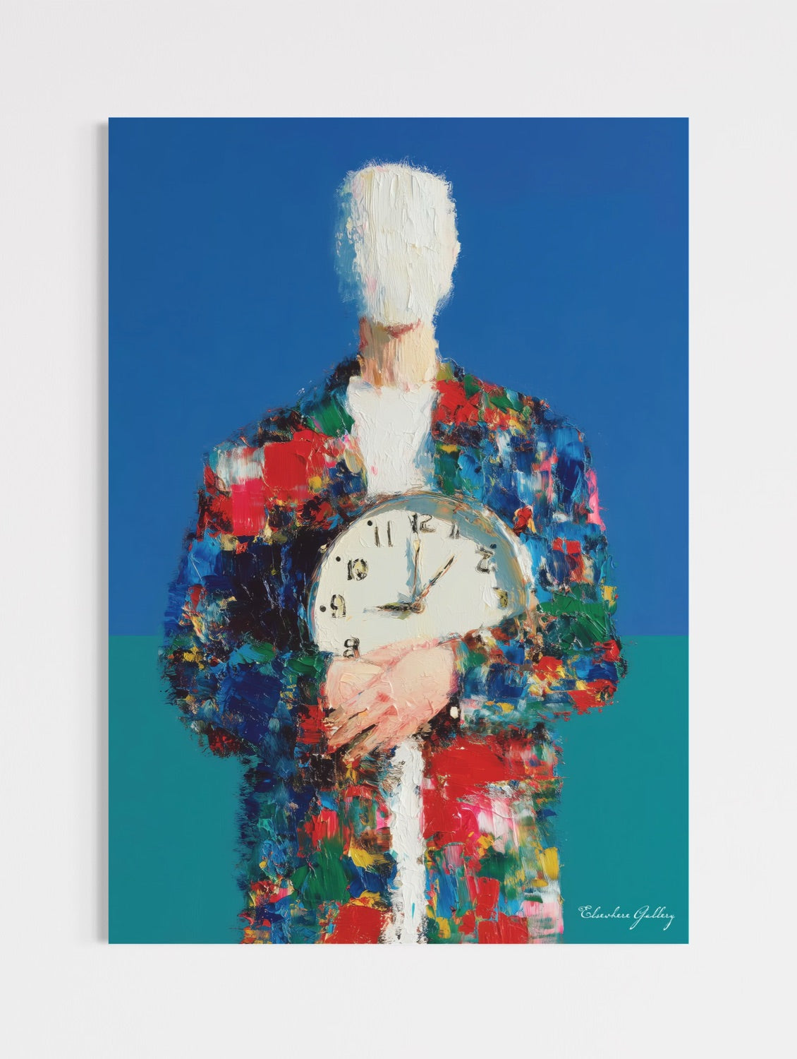 Colorful abstract painting of a figure holding a clock against a blue background