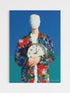 Colorful abstract painting of a figure holding a clock against a blue background