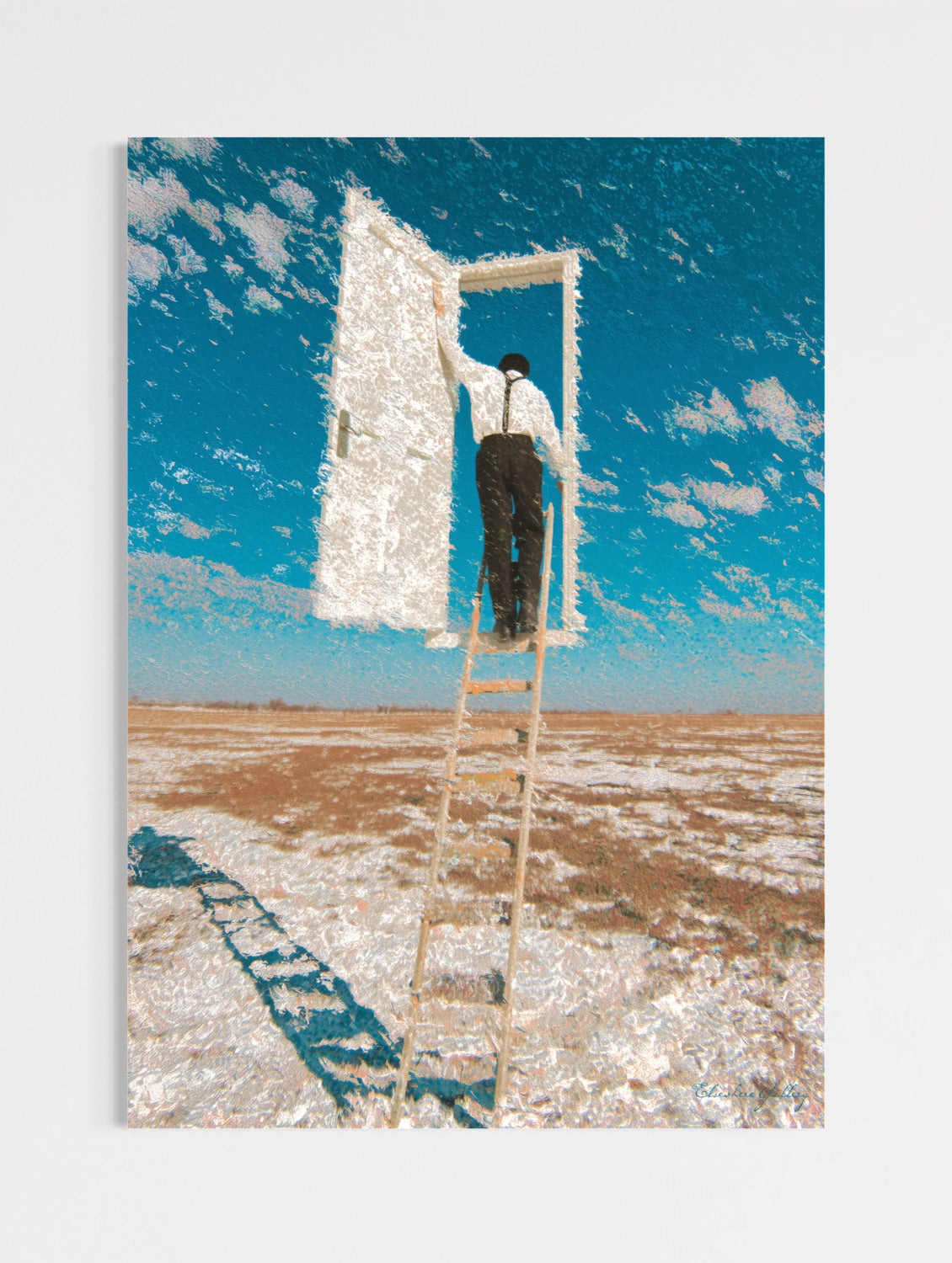 Person on a ladder opening a door in a desert landscape with a blue sky.