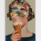 Artistic collage of a face made from various images on an ice cream cone held by a person.