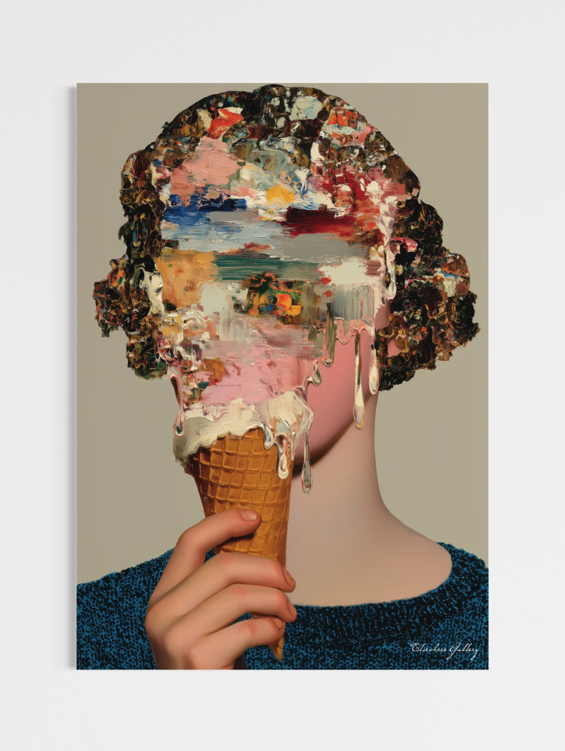 Artistic collage of a face made from various images on an ice cream cone held by a person.