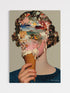 Artistic collage of a face made from various images on an ice cream cone held by a person.