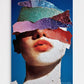 Collage art with colorful abstract shapes over a person's face on a blue background