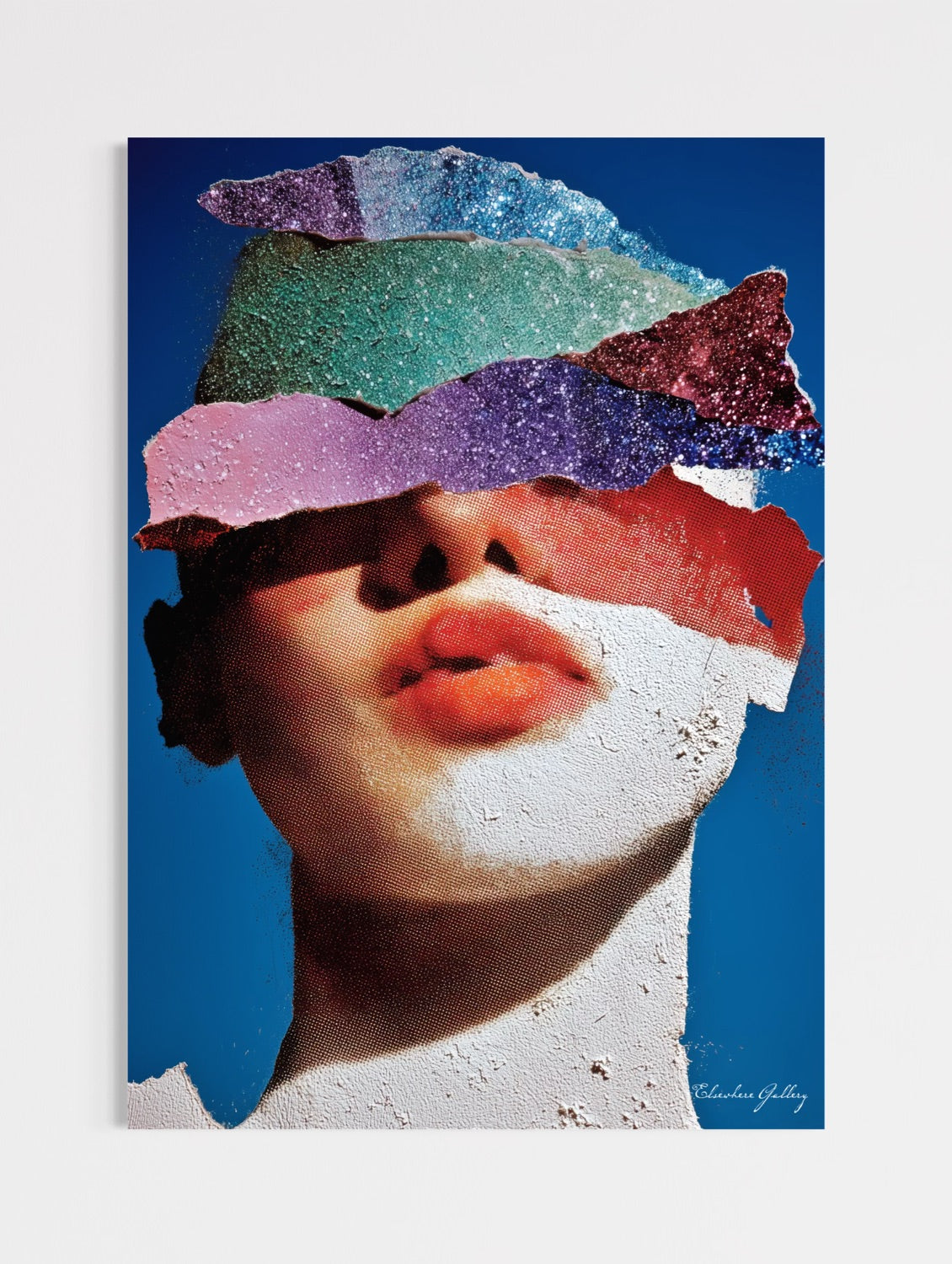 Collage art with colorful abstract shapes over a person's face on a blue background