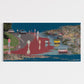 Surreal cityscape with people on a red sidewalk and cars on a blue road.