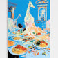 Colorful painting of a giraffe and spaghetti with a blue background