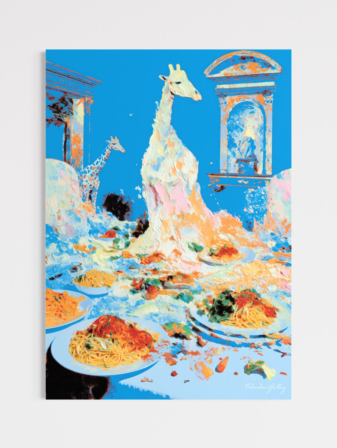 Colorful painting of a giraffe and spaghetti with a blue background