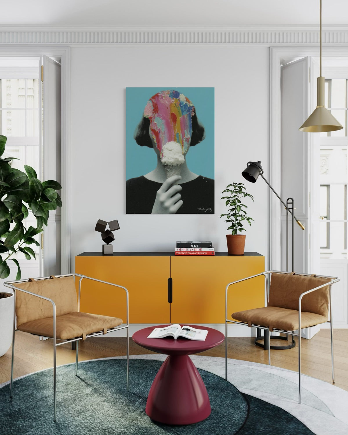 Modern living room with yellow cabinet, brown chairs, and colorful artwork on the wall.