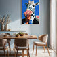 Dining room with a giraffe eating pizza painting on the wall