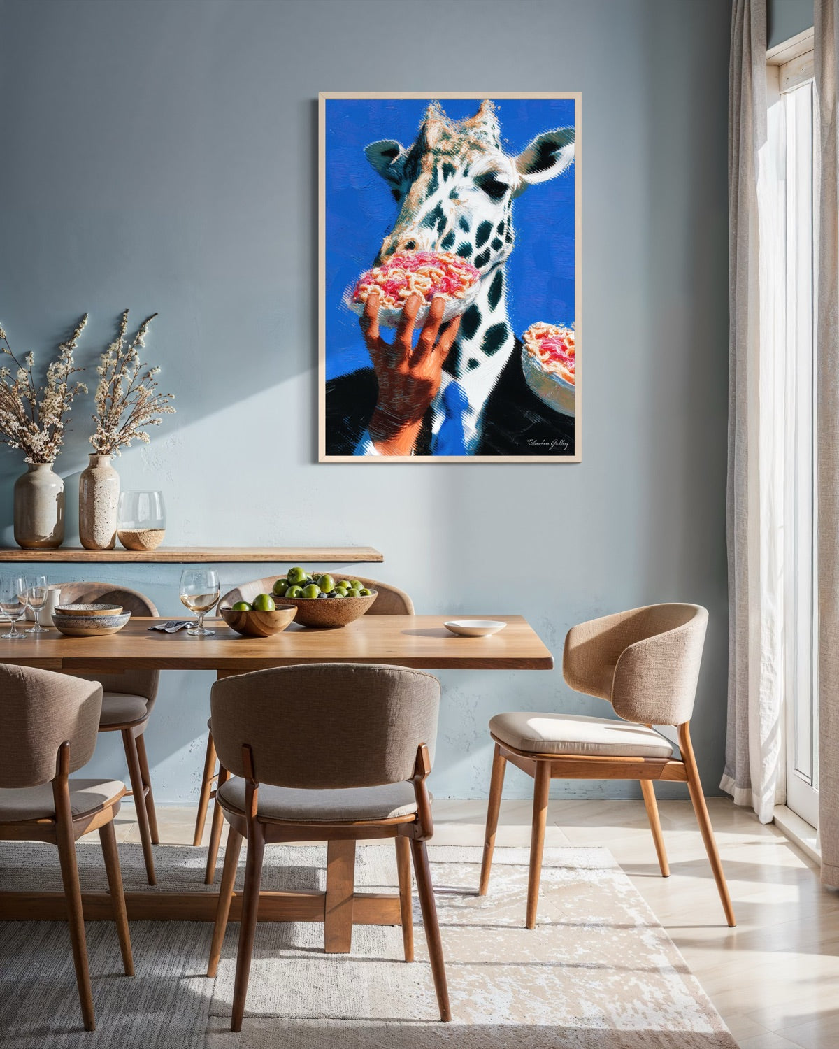 Dining room with a giraffe eating pizza painting on the wall