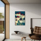 Modern living room with a colorful abstract painting on the wall, brown chair, and small table.