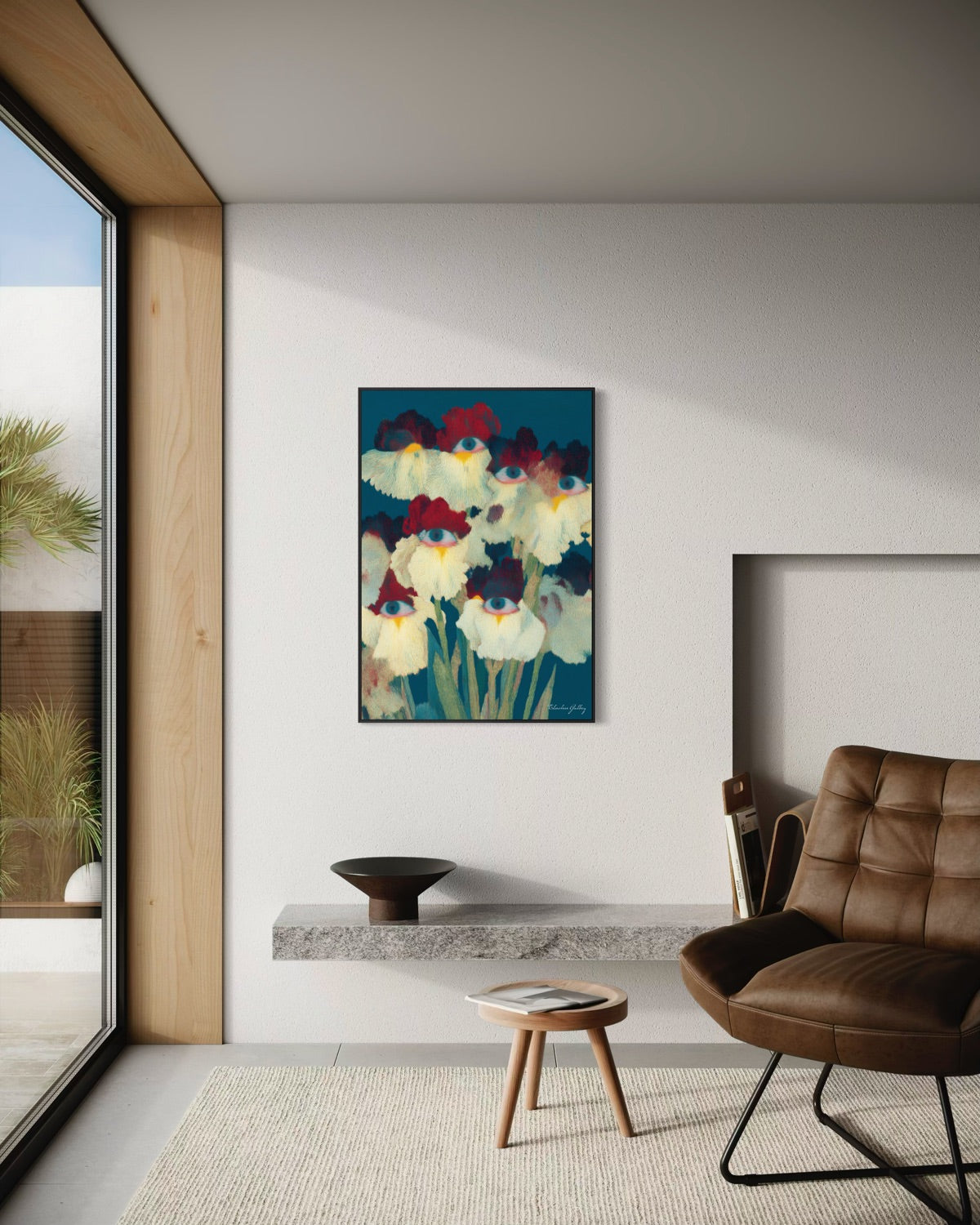 Modern living room with a colorful abstract painting on the wall, brown chair, and small table.
