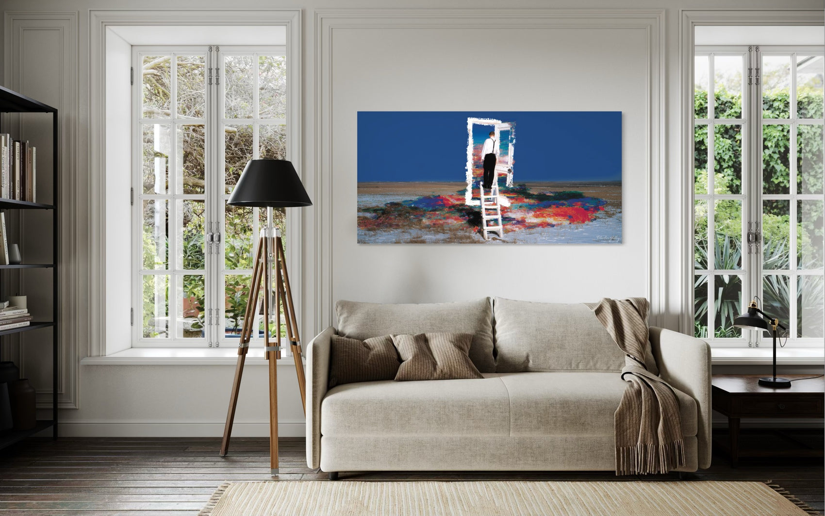 Living room with a beige sofa, abstract painting on the wall, and large windows.