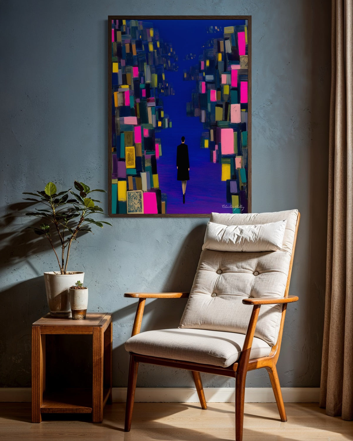 Modern interior with a chair, side table, and abstract painting on the wall.