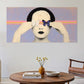 Abstract painting of a woman with a butterfly on her face in a living room setting.