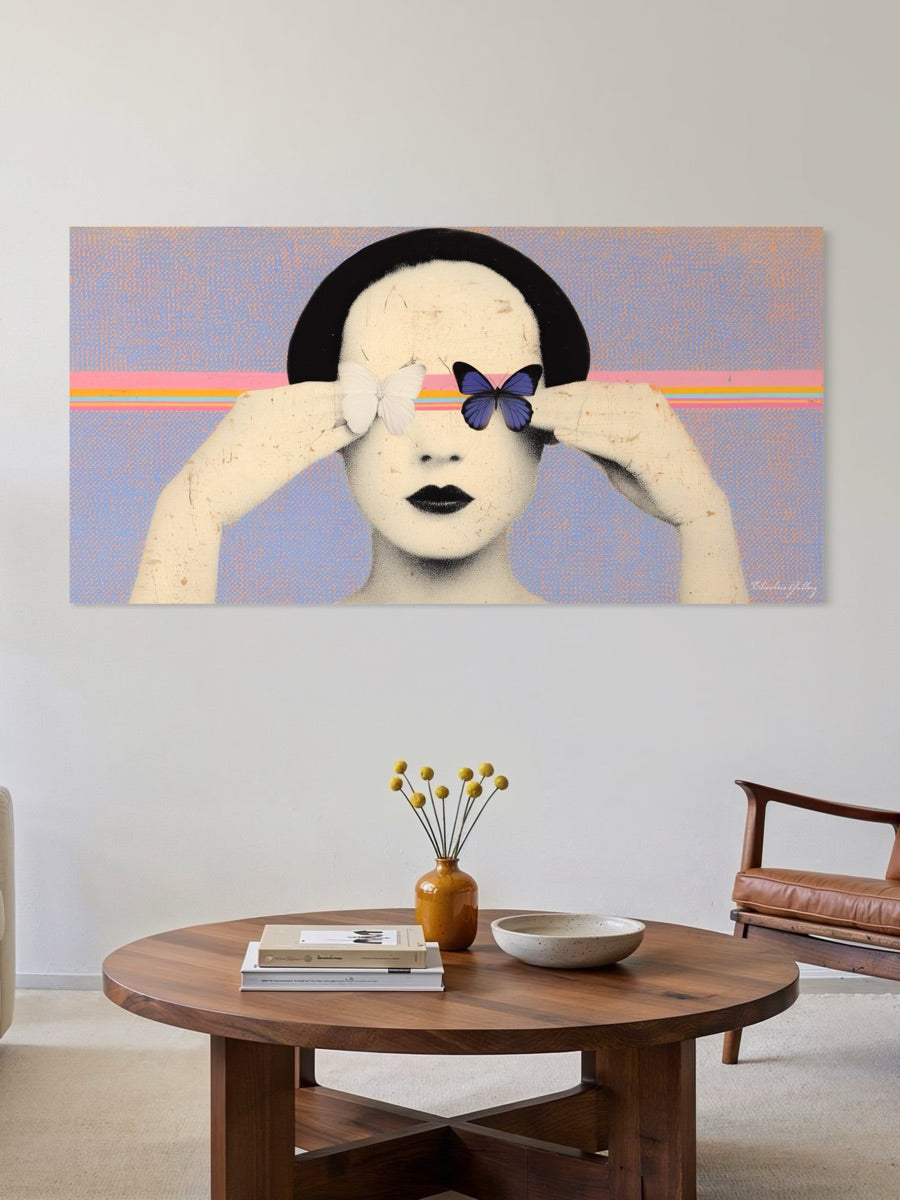 Abstract painting of a woman with a butterfly on her face in a living room setting.