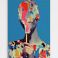 Abstract art piece with a colorful head and multicolored body against a blue background