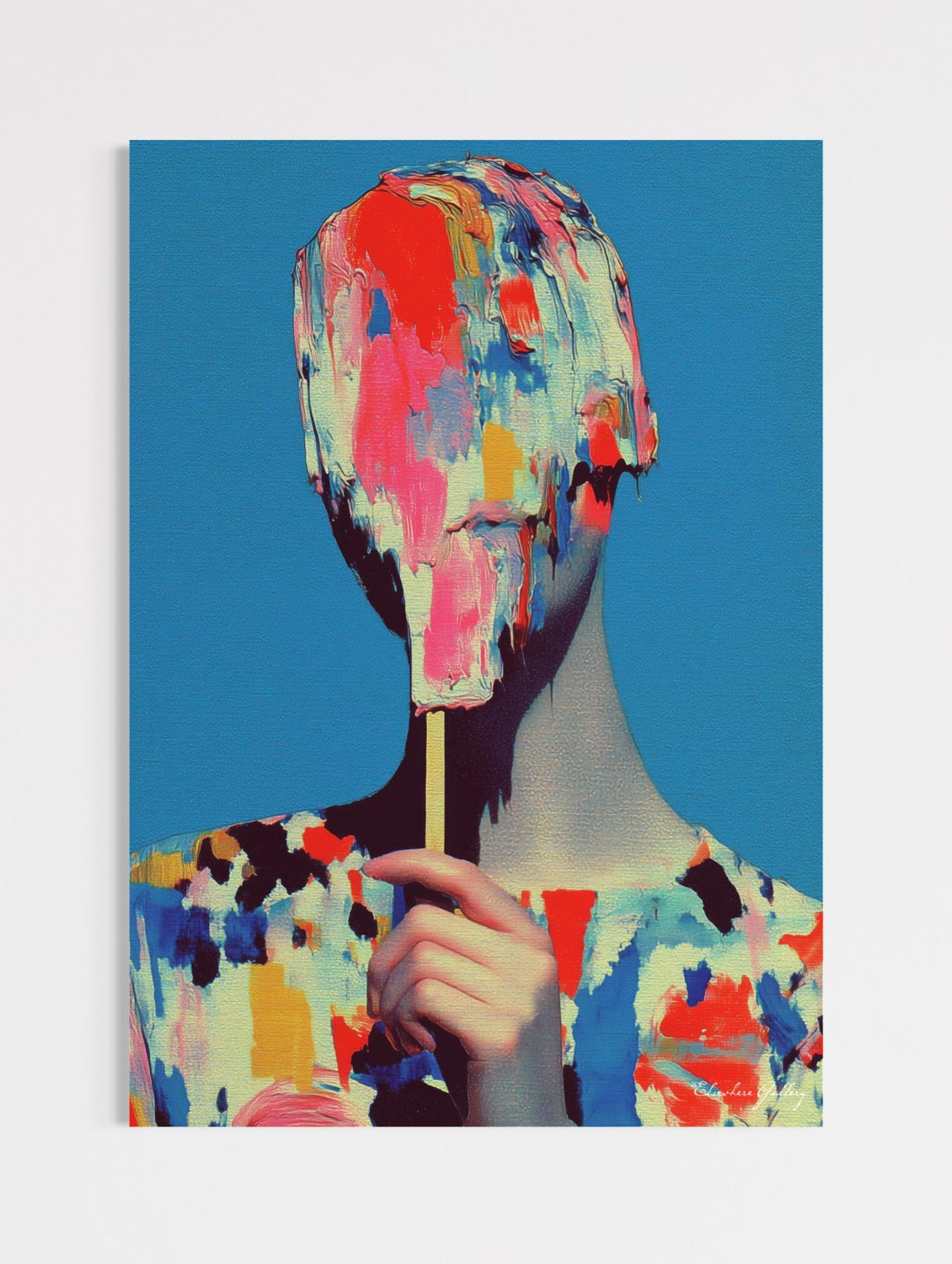 Abstract art piece with a colorful head and multicolored body against a blue background