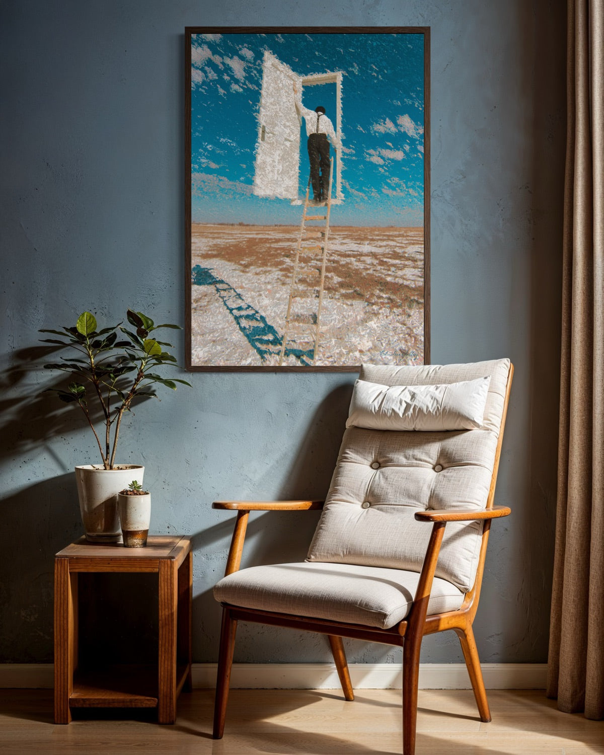 Chair with a plant and a framed artwork on a wall in a room.