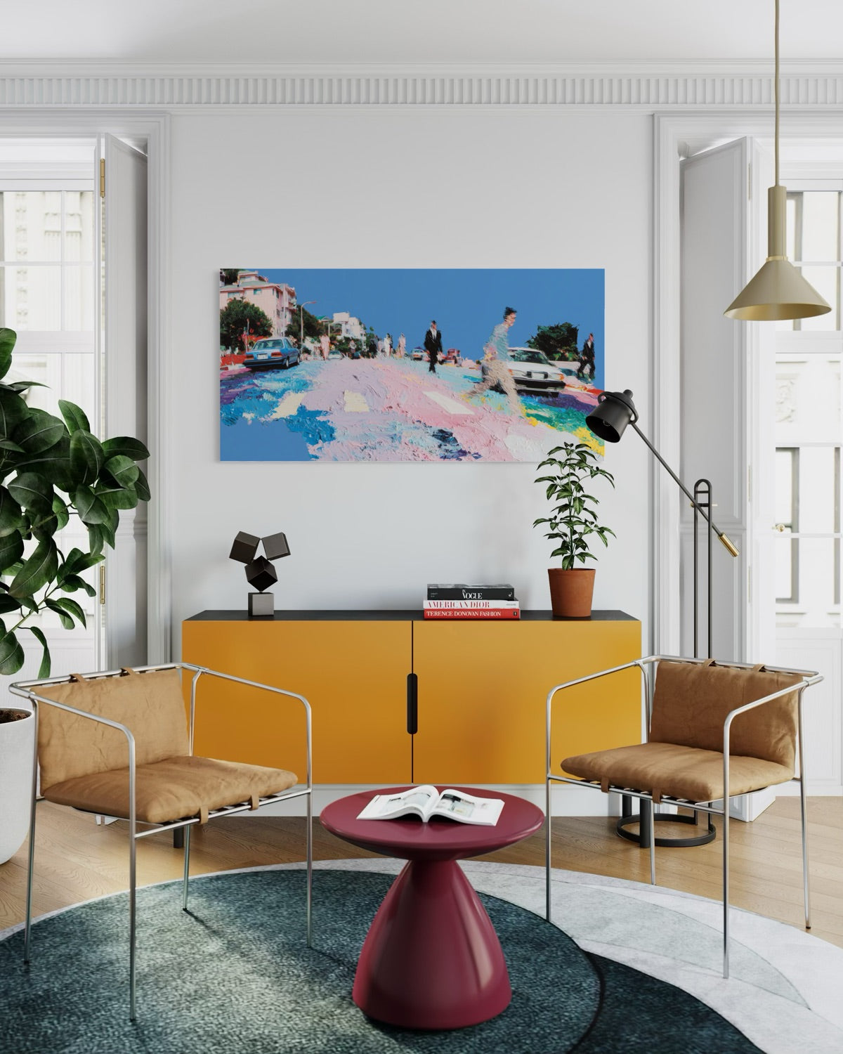 Modern living room with yellow cabinet, brown chairs, and colorful abstract painting.