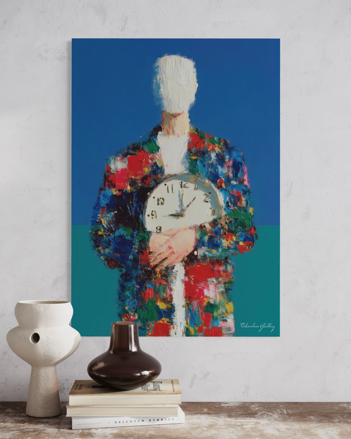 Colorful abstract painting of a figure holding a clock on a wall above books and vases.
