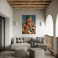 Modern living room with a gray sectional sofa, geometric ottomans, and a colorful abstract painting on the wall.