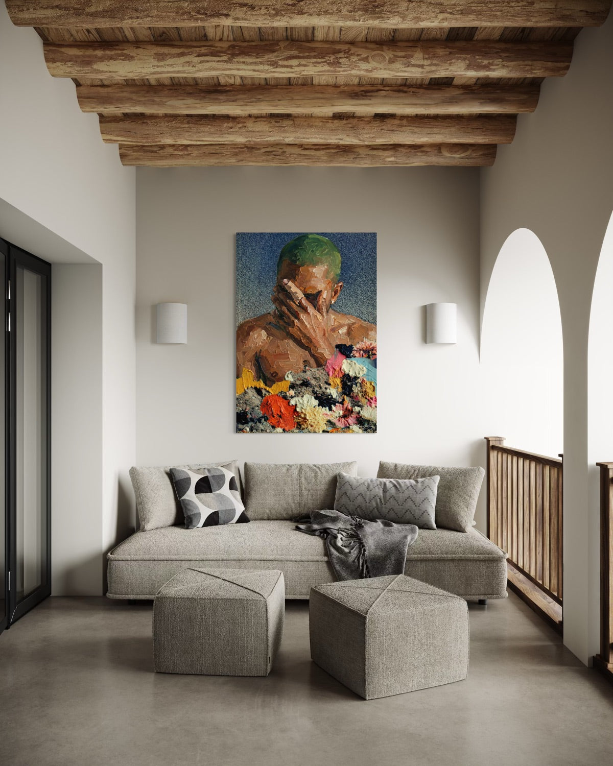 Modern living room with a gray sectional sofa, geometric ottomans, and a colorful abstract painting on the wall.