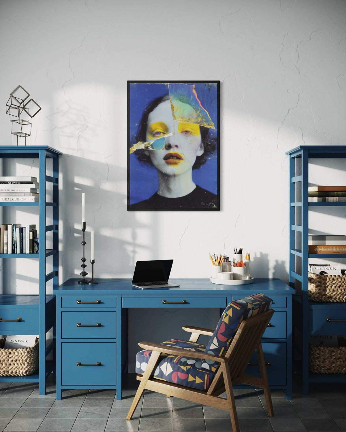 Modern home office with blue desk, chair, and shelves, featuring a colorful abstract art piece on the wall.