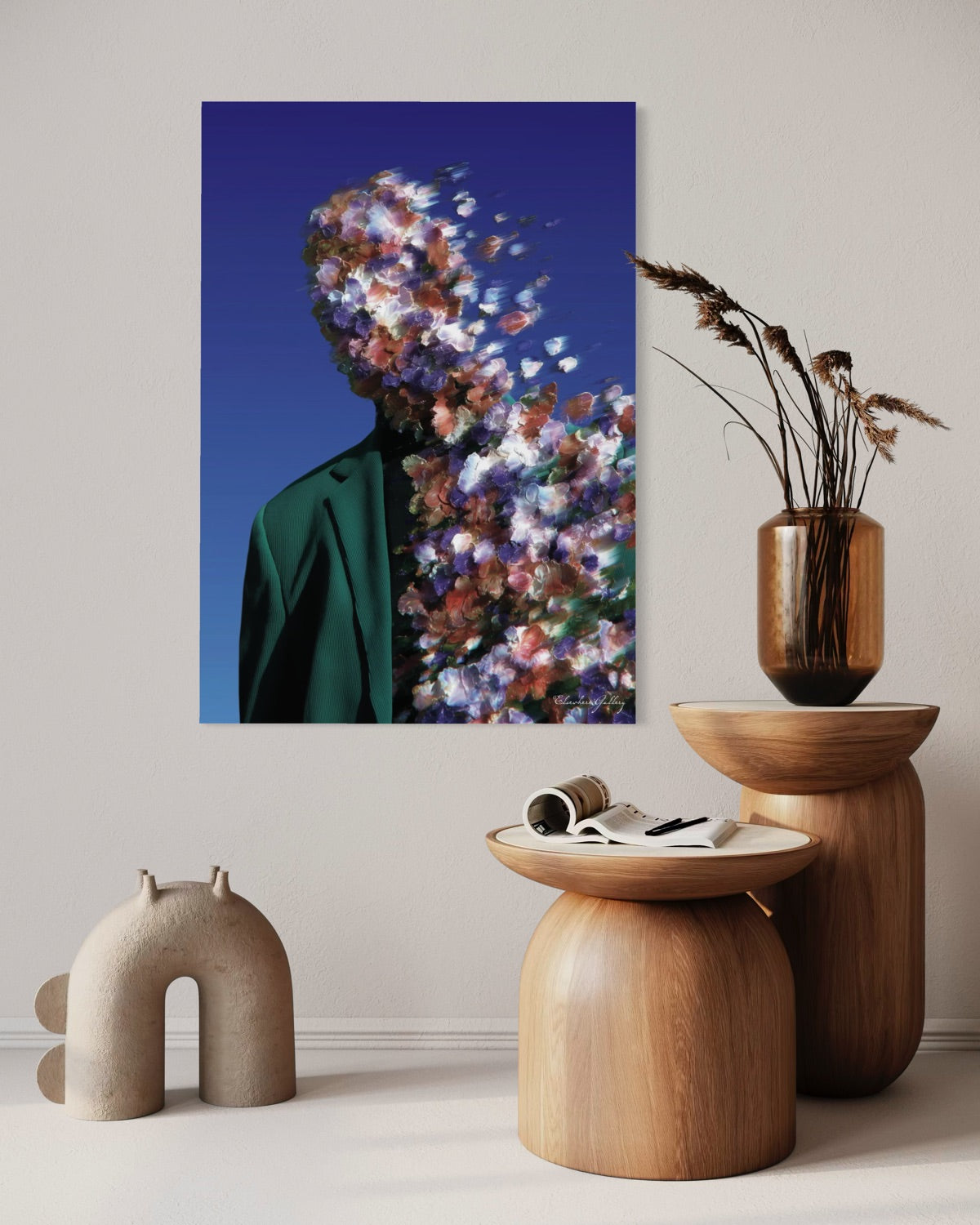 Room interior with a wall art piece, wooden tables, and decorative items.