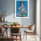 Dining room with a wooden table and chairs, featuring a colorful abstract painting on the wall.