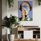 Modern living room with a decorative painting on the wall, a plant, and a wooden cabinet.