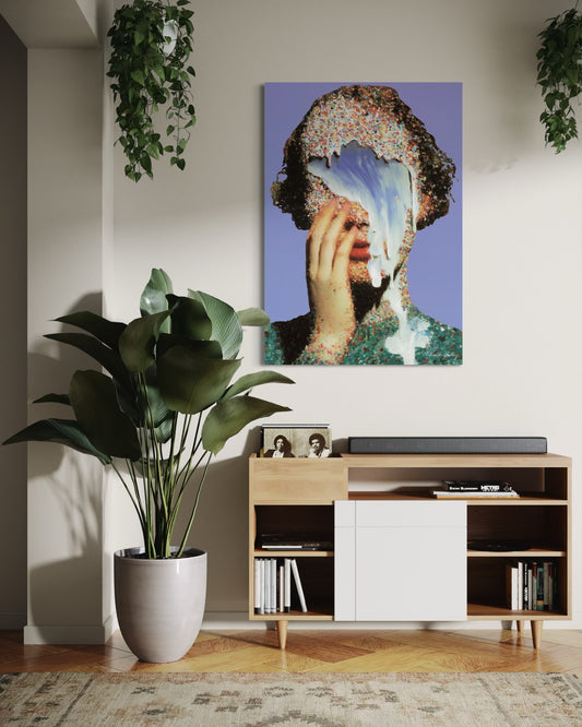 Modern living room with a decorative painting on the wall, a plant, and a wooden cabinet.
