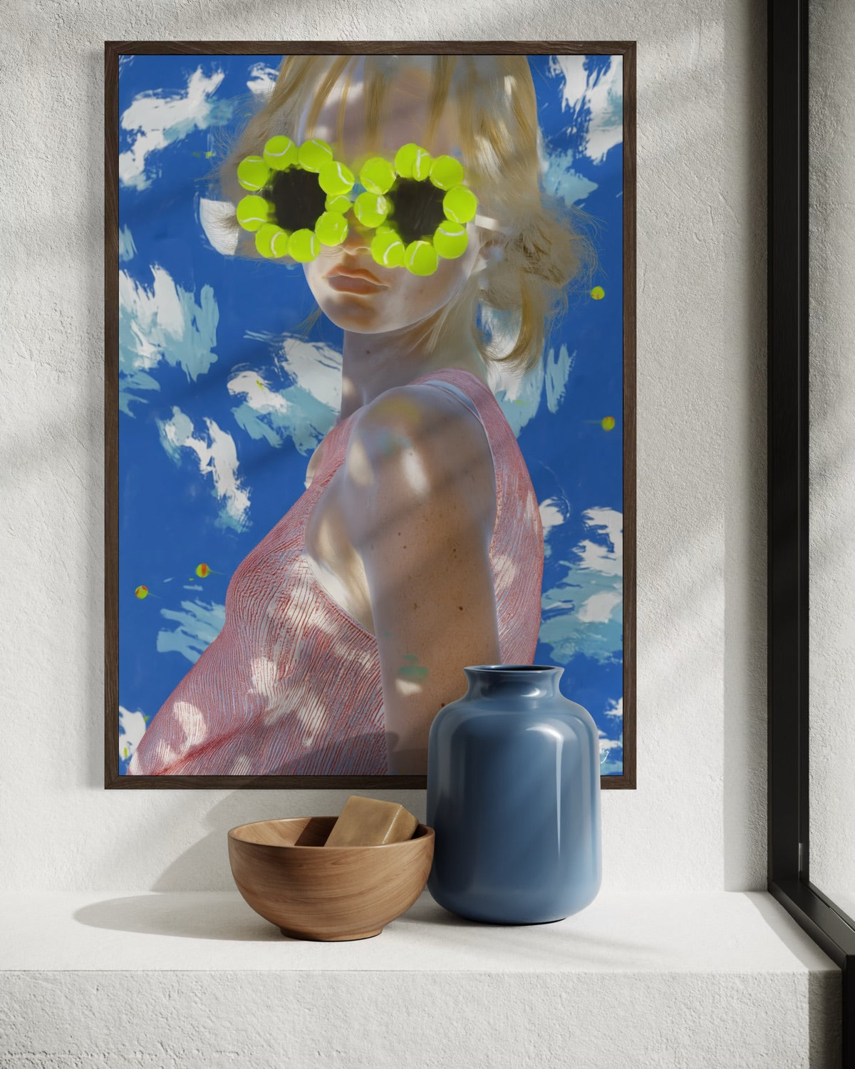 Framed artwork of a person with floral sunglasses on a wall above a shelf with a vase and bowl.