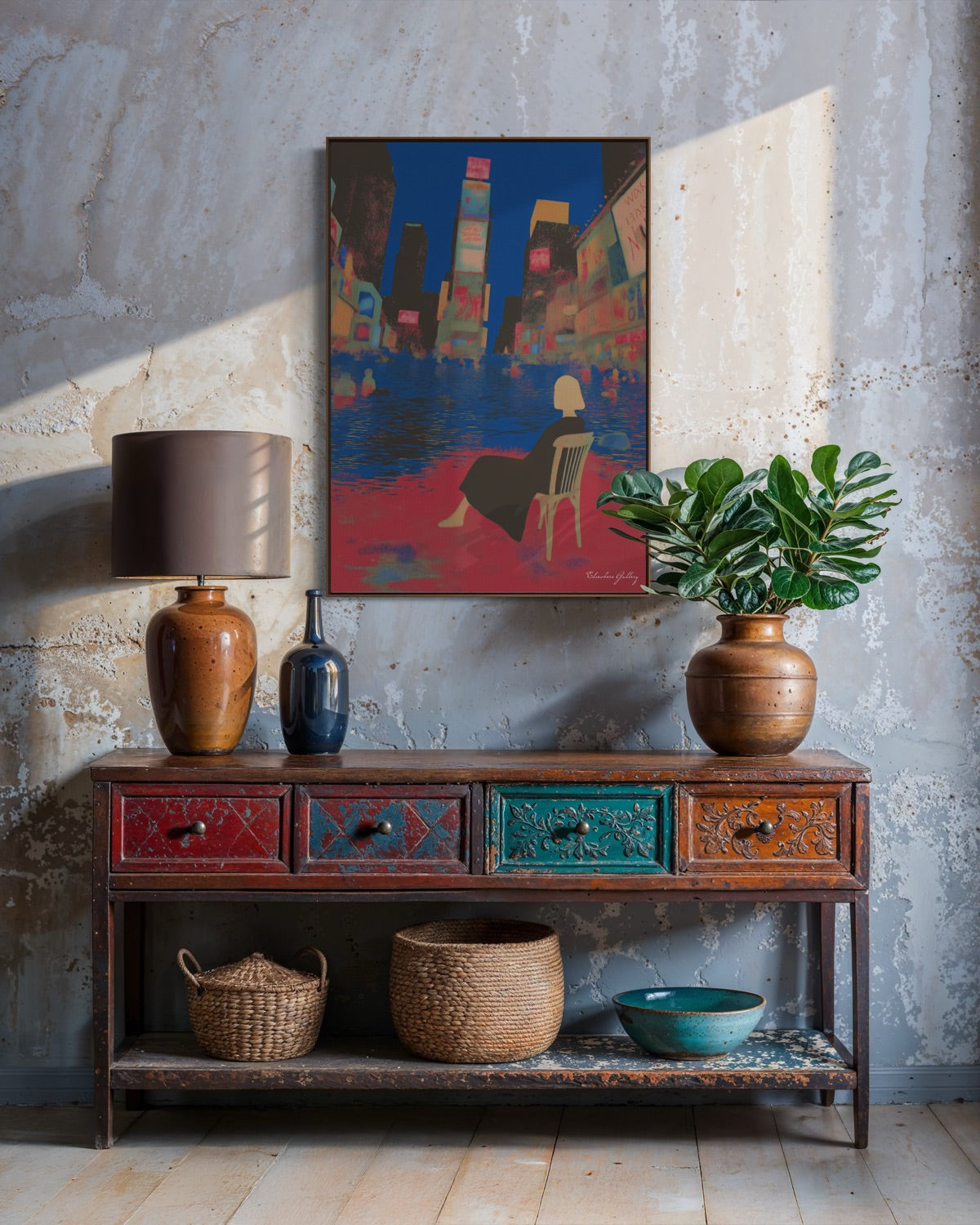 Decorative console table with vases, a lamp, and a painting in a room with concrete walls.