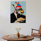 Giraffe wearing a suit holding a bowl of cereal on a wall in a living room setting.