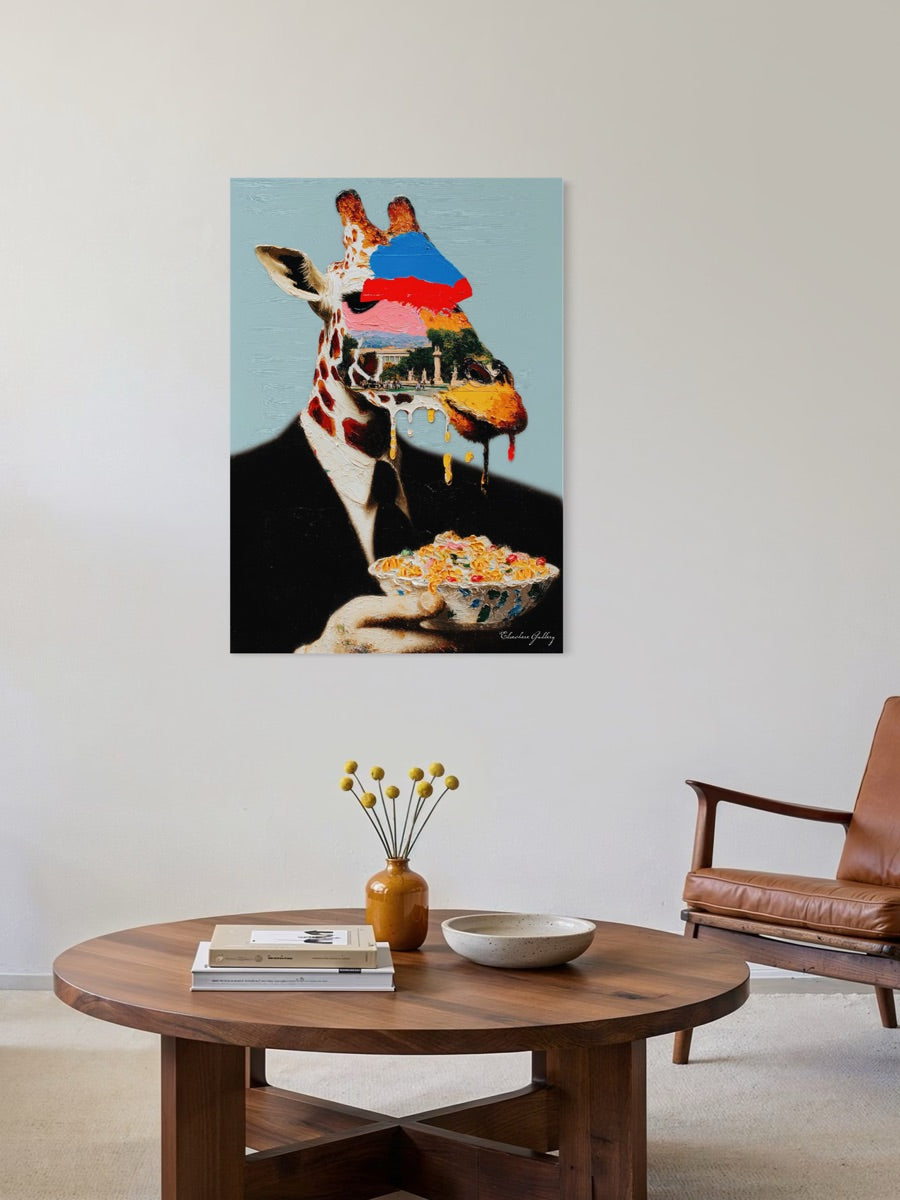 Giraffe wearing a suit holding a bowl of cereal on a wall in a living room setting.