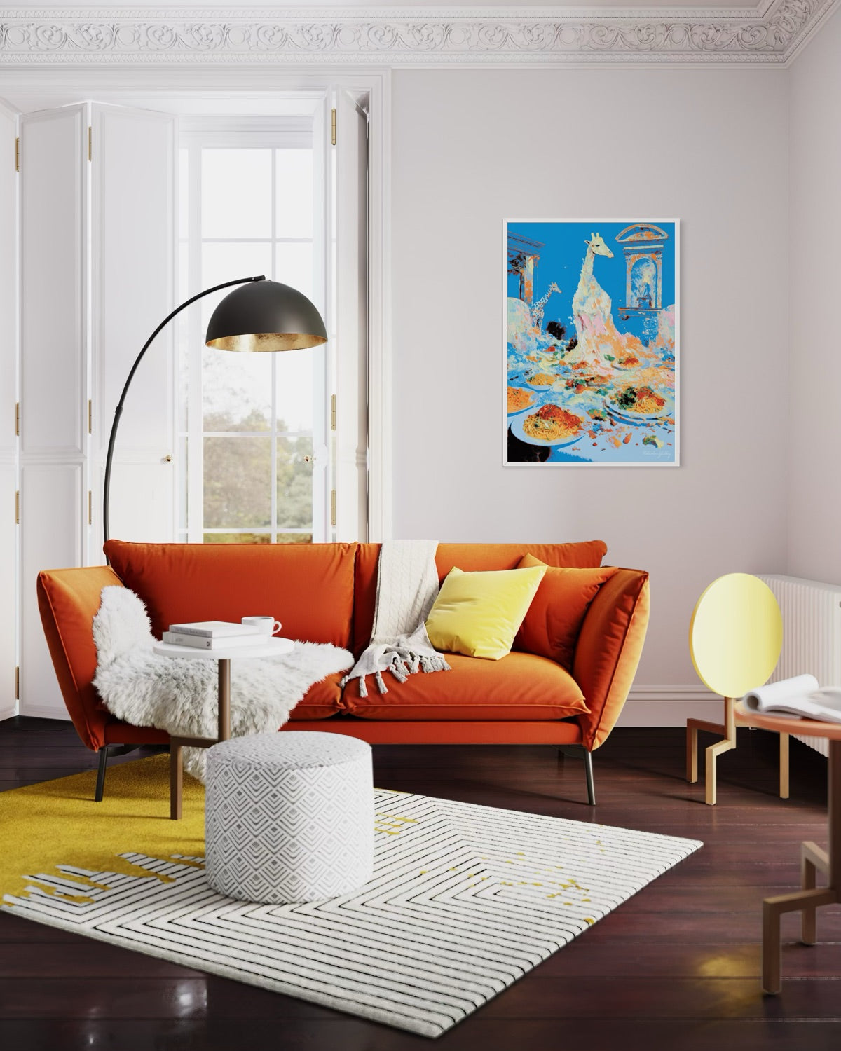 Modern living room with orange sofa, yellow rug, and decorative elements.