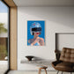 Modern living room with a blue abstract painting on the wall