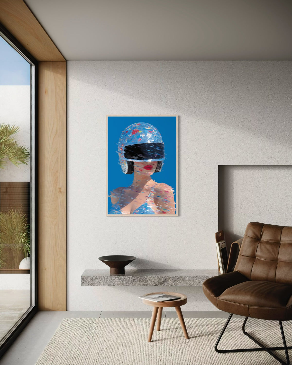 Modern living room with a blue abstract painting on the wall