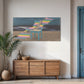 Room interior with a wooden sideboard, plant, and colorful abstract painting on the wall.