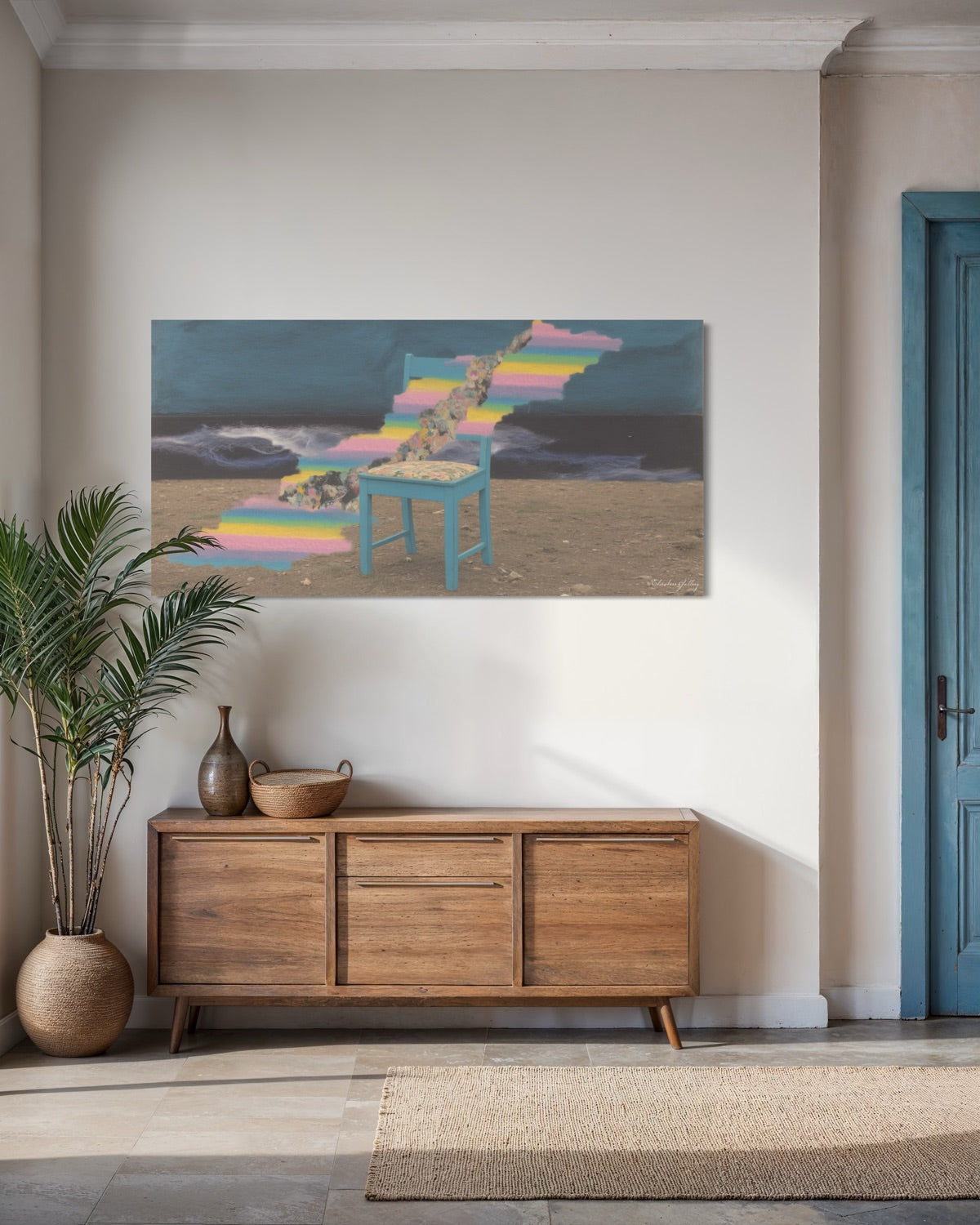 Room interior with a wooden sideboard, plant, and colorful abstract painting on the wall.