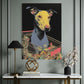 Framed artwork of a dog in a shopping cart on a wall above a console table with decorative items.